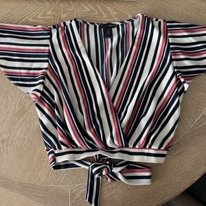 Aqua Bloomingdale’s Navy/Pink/Blk Striped Wrap Blouse Sz S